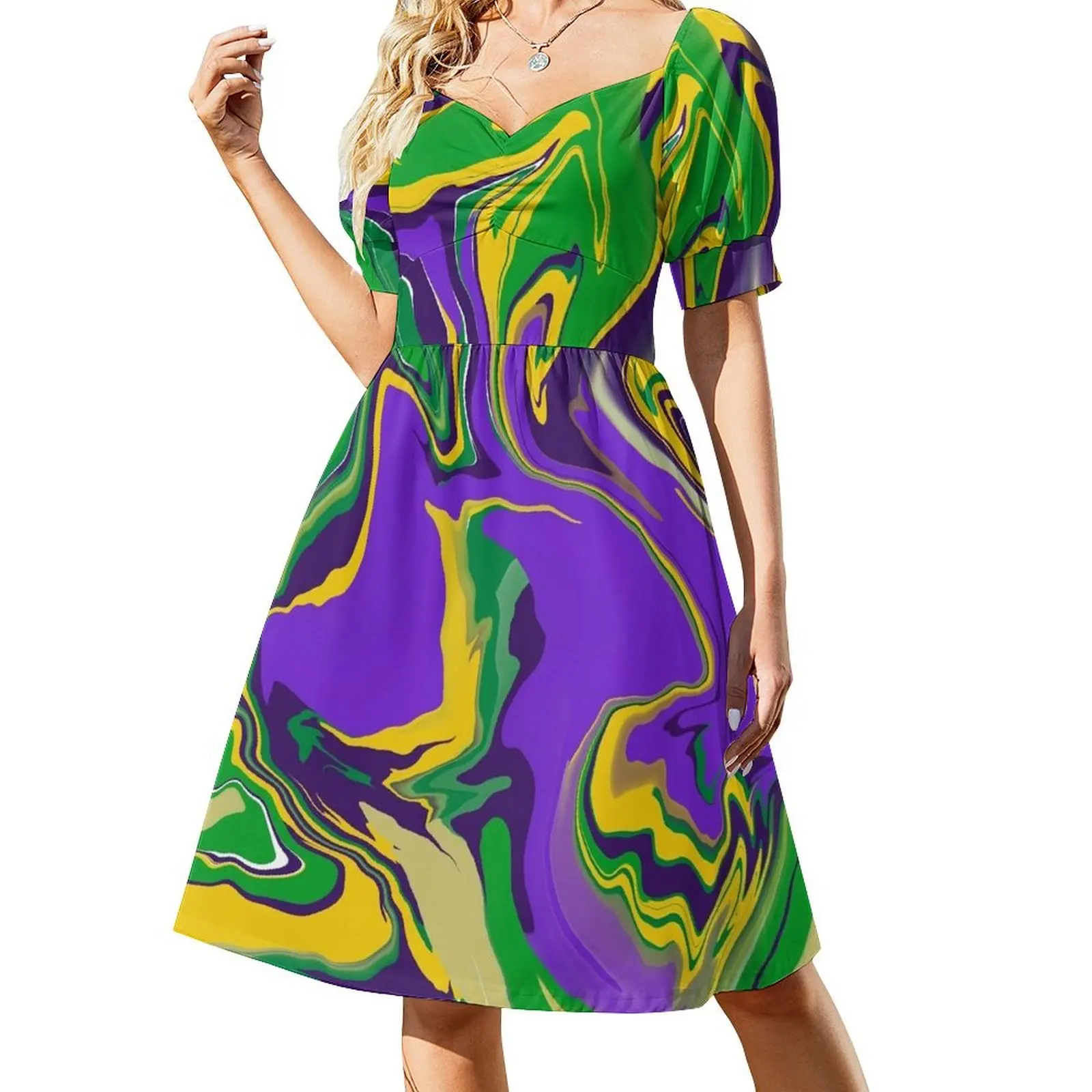 

Mardi Gras Marble Swirl Pattern Short Sleeved Dress cocktail dresses Evening gown Woman clothing Dress