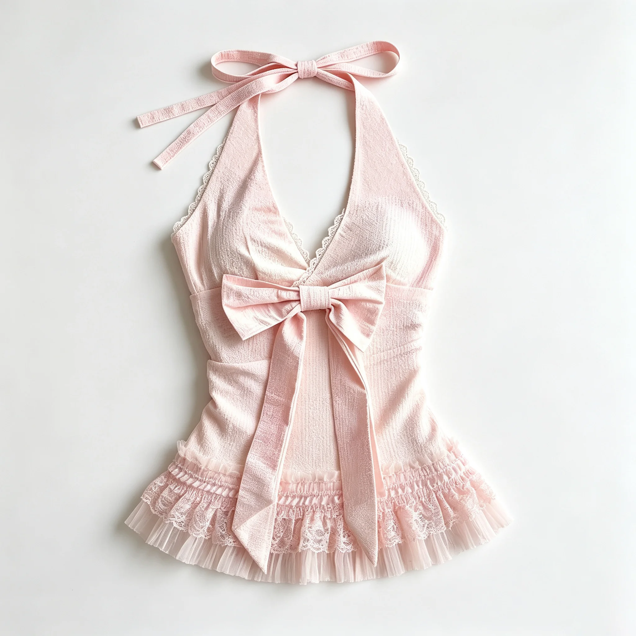 Sweet Style Bow Tie Strap-Neck Summer Pink lightweight sexy girl Trendy Fashion High Street Retro Versatile Daily Top Summer Y2K