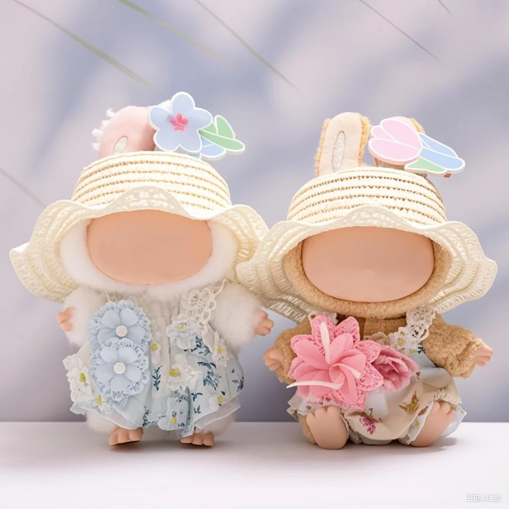 

17cm Labubu Clothes Summer Blue Flower Skirt Plush Doll Clothing Straw Hat Accessories Design for Keychain Dress Up