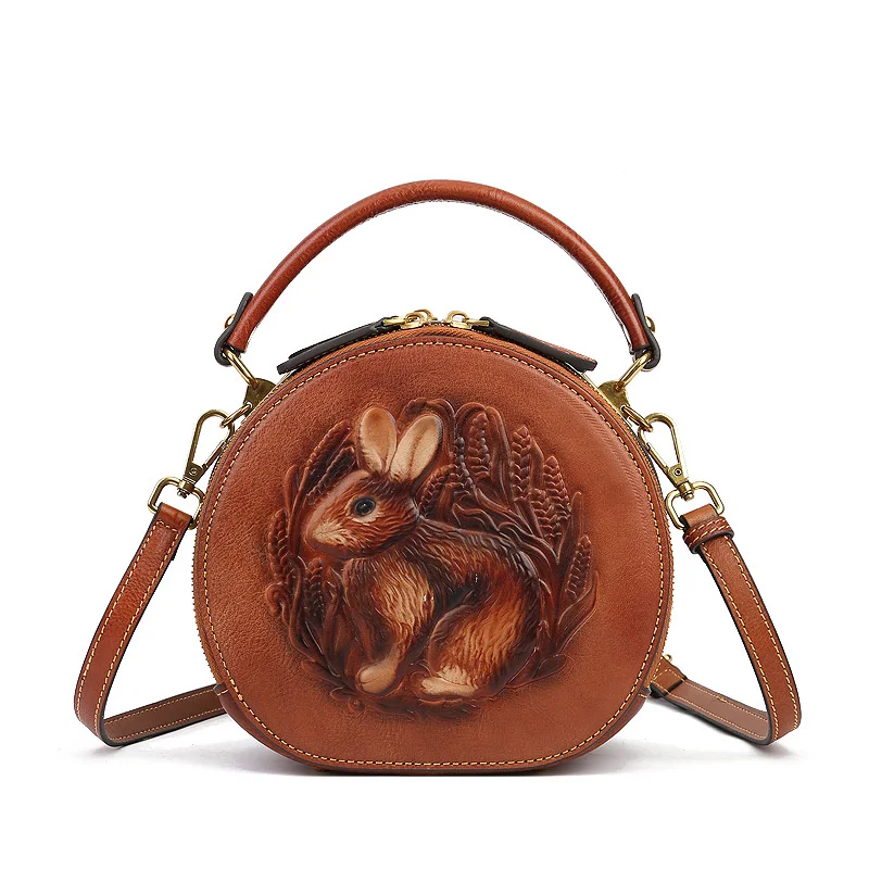 New rabbit embossed handbag leather women\'s handbag ethnic style small round head leather Single Shoulder Messenger Bag