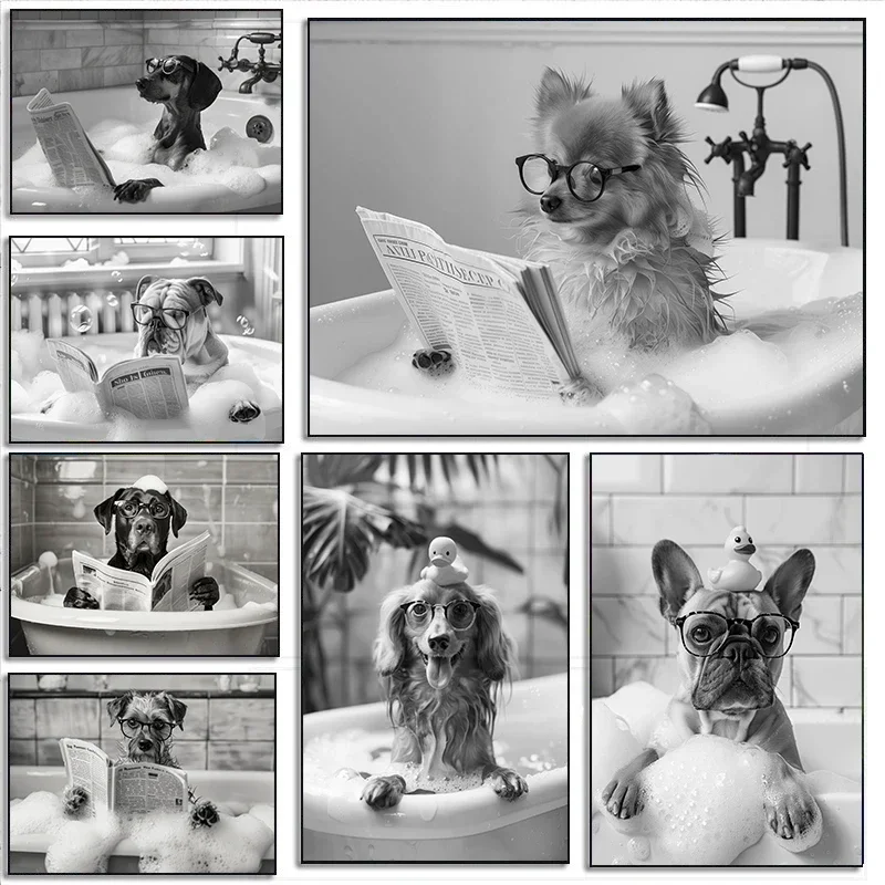 Póster de fotografía de perro Labrador y oveja para decoración del hogar, pinturas en lienzo, arte de pared, divertido, bañera de animales, lectura de periódico