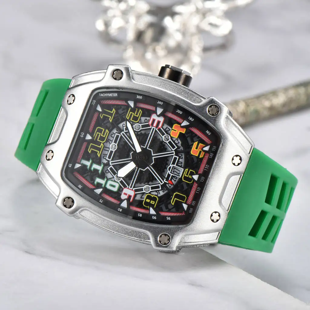 2024 new silicone strap square tonneau large dial watch hollowed out surface calendar quartz watch for men and Students