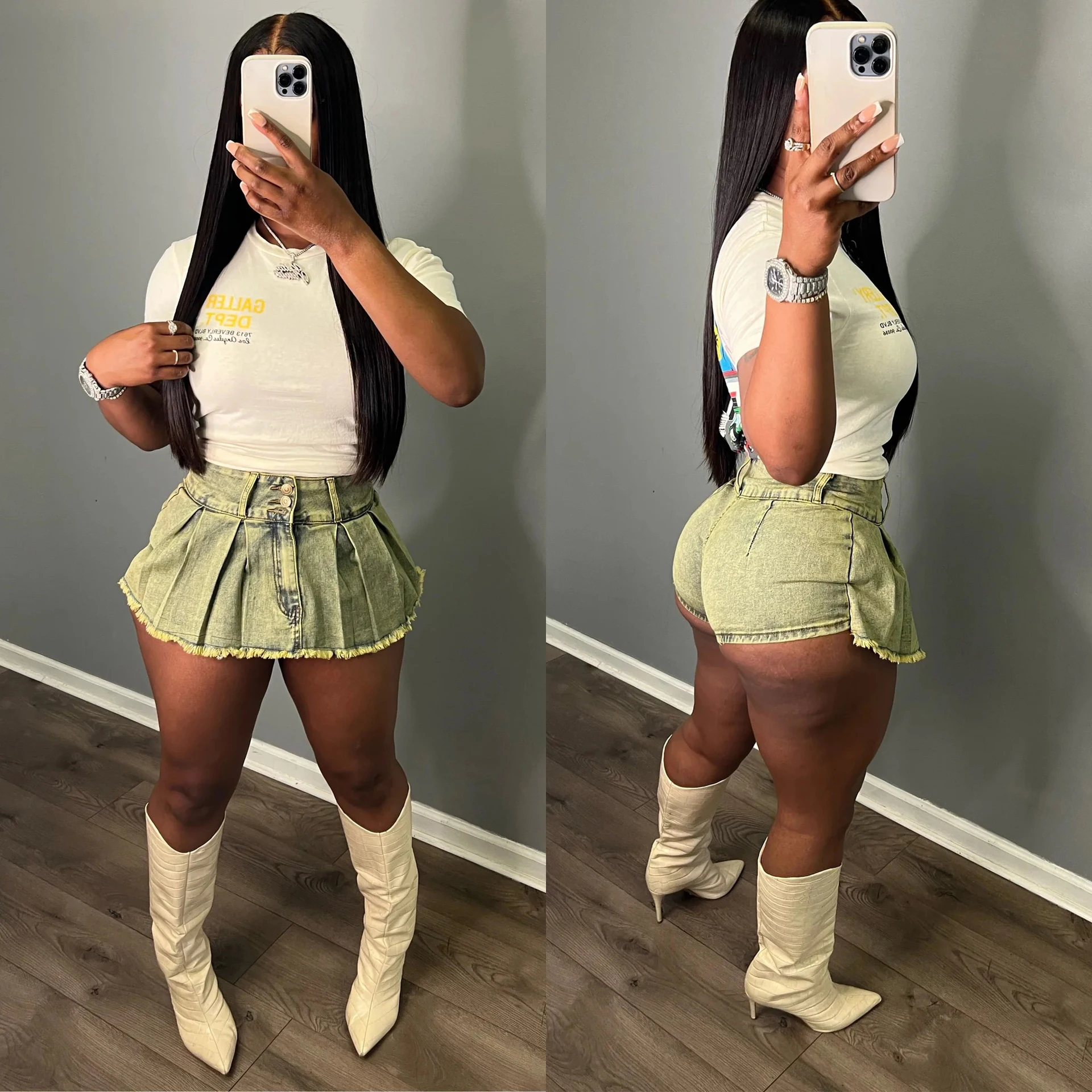 Casual Pleat Denim Shorts Skirts Women Cargo Short Pants High Waist Summer Clothes Y2K Streetwear Jean Short Tie Dye Pants Skort