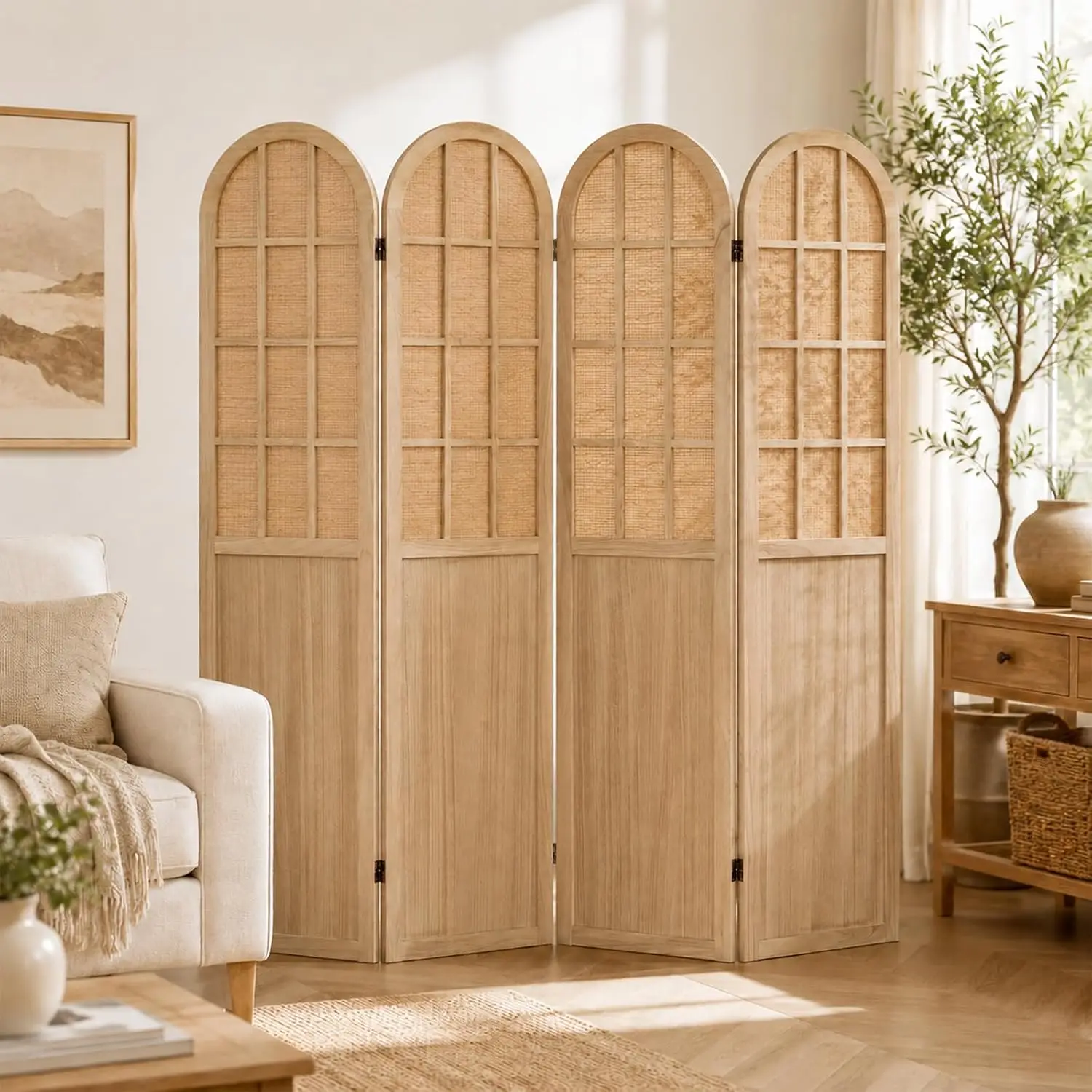 4 Panel Bamboo Room Divider Privacy Screen, Folding Freestanding Portable Partition Woven Slat Upper Panel Lower Board For Bedro