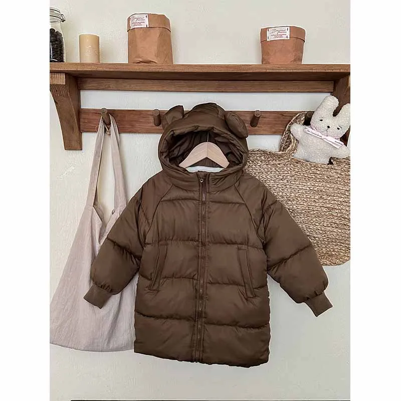 2024 Girls Winter Coat Boys Padded Thickened Warm Long Outerwear Children Solid Color Hooded New Clothes Jacket 2-8 Years Old