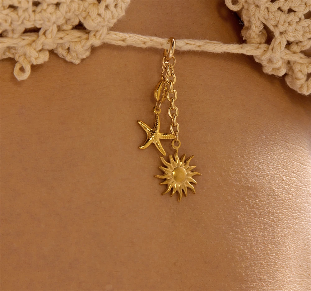 Edelstahl Muschel Seestern Bikini-Verschluss für Damen Kreativer Sonnen-Seepferdchen-Anhänger Bikini Bademode Körperschmuck – Detail 4