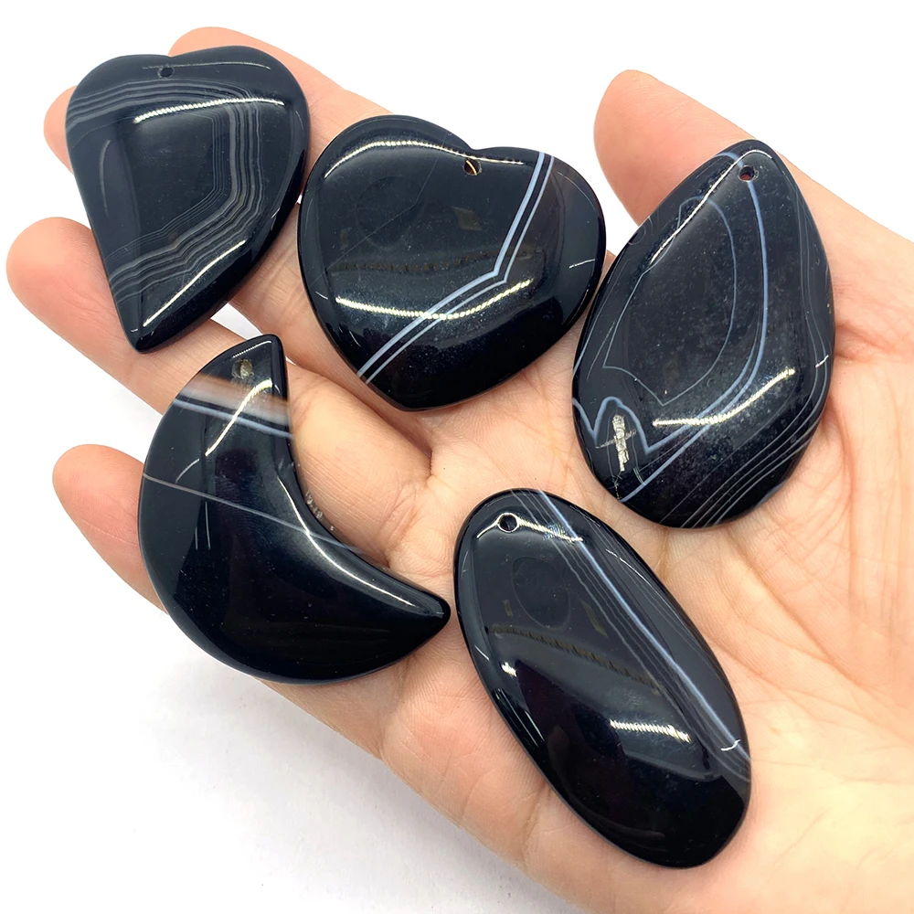 5pcs/lot Natural Stone Black Stripe Agate Pendant Water Drop Love Heart Geometry Healing Stone Necklace  Making  Women's Gift