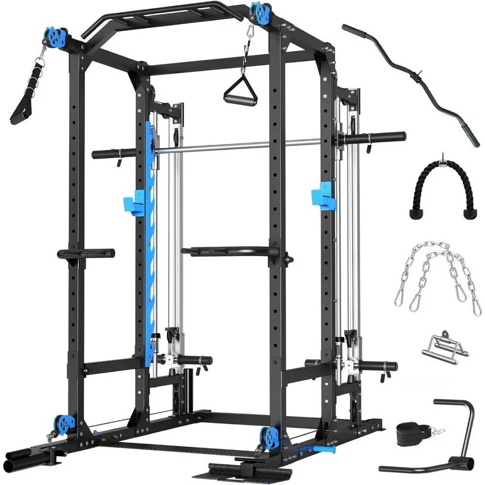 Power Cage, Multi-Functional Power Rack with J-Hooks, Dip Handles, Landmine Attachment and Optional Cable Pulley System