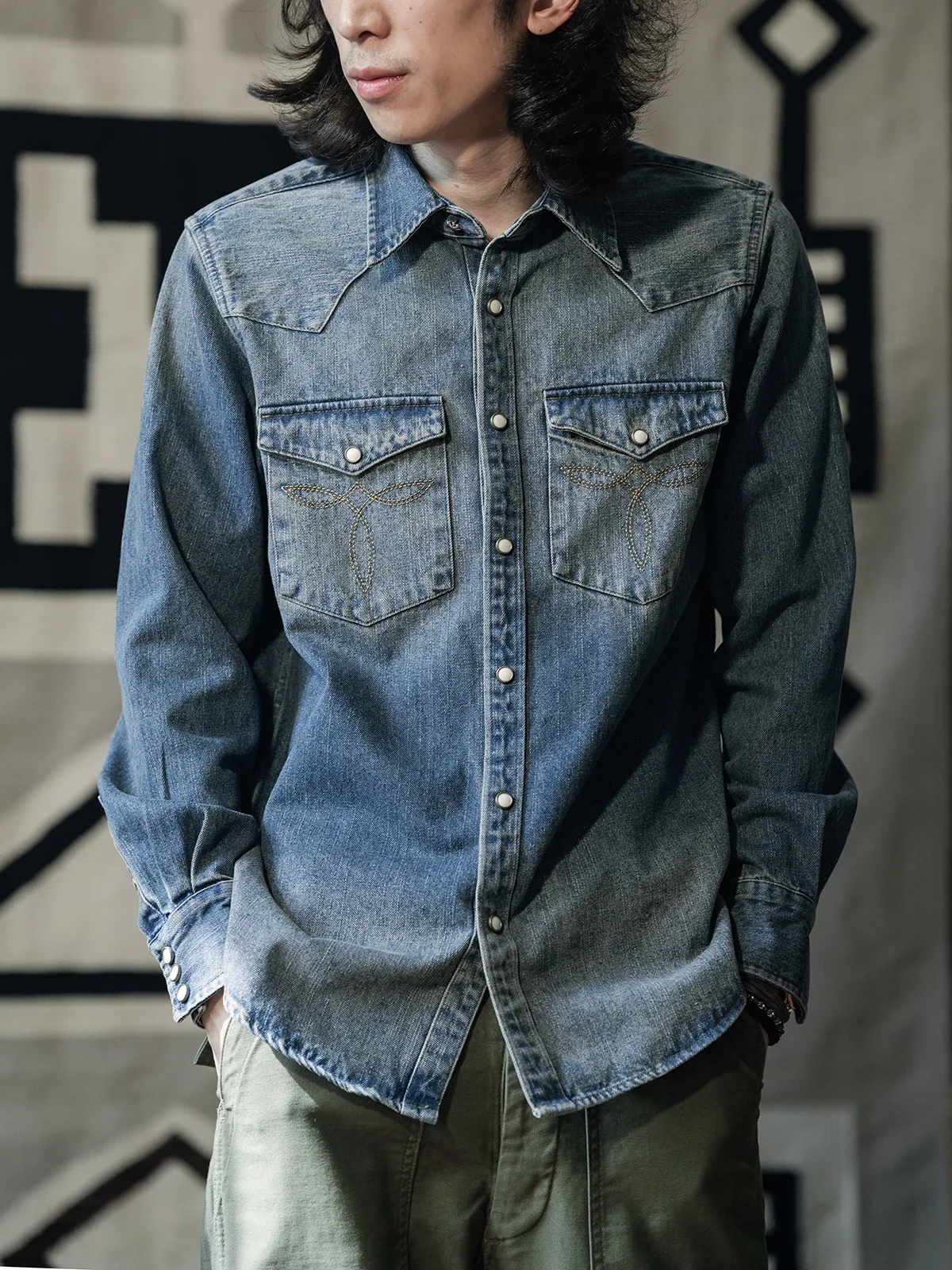 

2025 Non Stock Washed Denim Western Shirt 1950s Style Long Sleeve Horn Shirt For Men