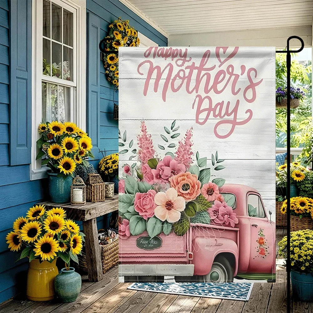 

1PC Happy Mothers Day Garden Flag Pink Vintage Truck with Floral Bouquet Rustic Wood Grain Outdoor Decorative Y