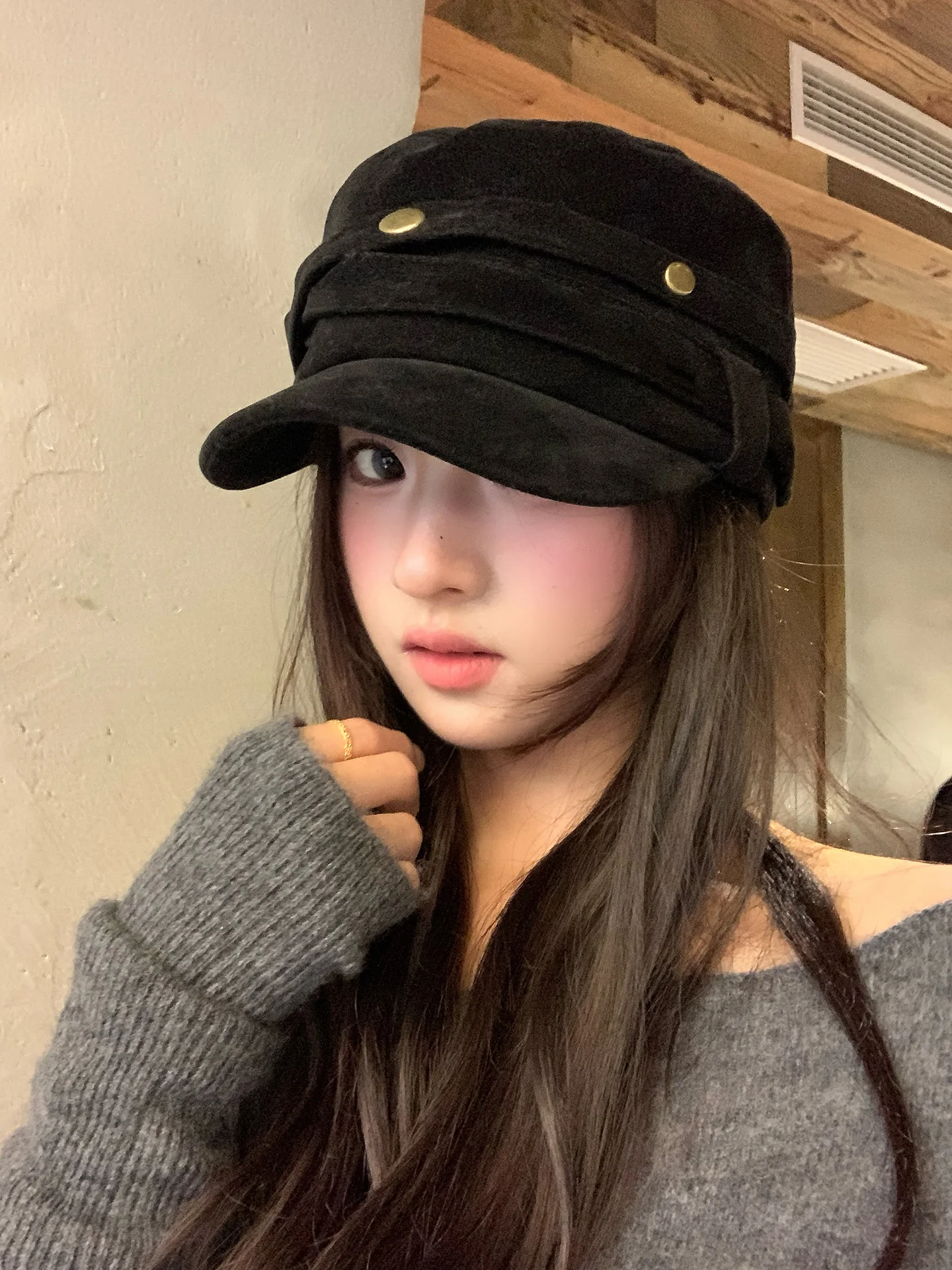 Retro Japanese Style Rivet Flat Top Beret Hat Women Large Head Size Casual Versatile Face Slimming Newsboy Cap Adjustable Buckle