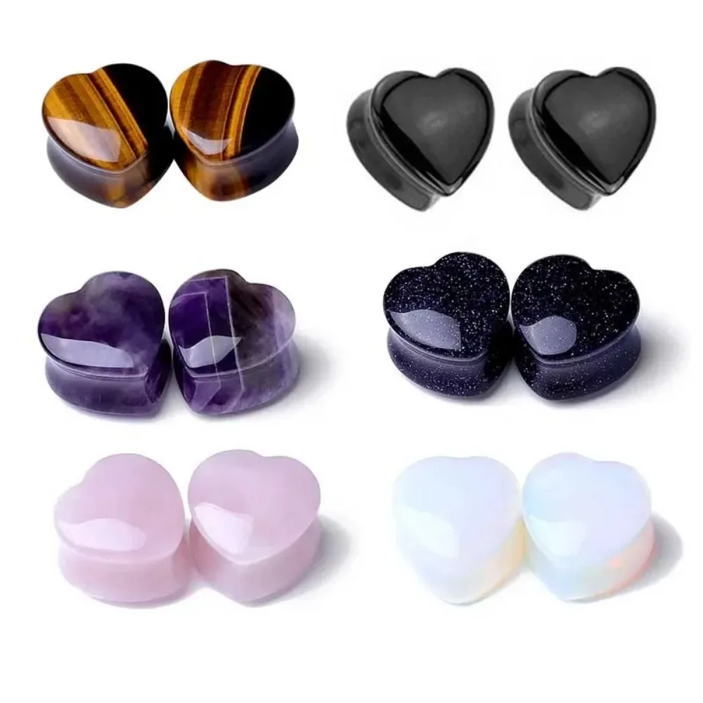 2pcs Heart Shape Natural Stone Ear Canal Plugs Dilator Instrument Piercing Ear Plugs Body Jewelry 6-16mm