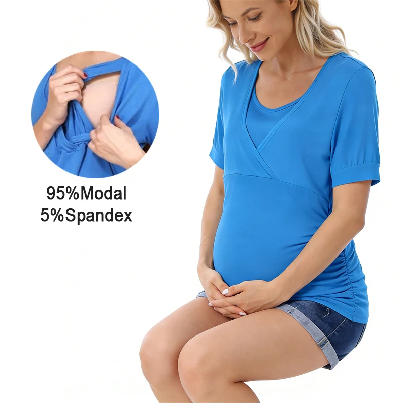 Wrap Cross Front Nursing Maternity Tunic Short Sleeve O-Neck Side Ruched Lift Feeding Soft Modal Plus Size Pregnant Women Top