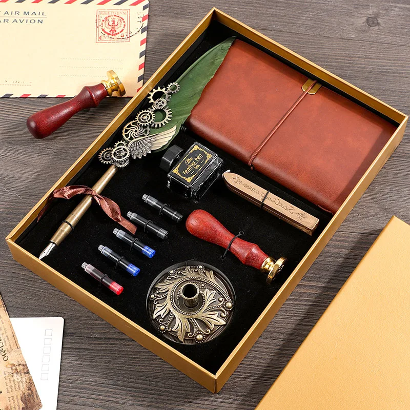 

Stationery Gifts New Creative Retro Feather Pen Set with Ink Bag Custom Ink Extraction Tube Pen Feather Notebook Fire Paint Seal