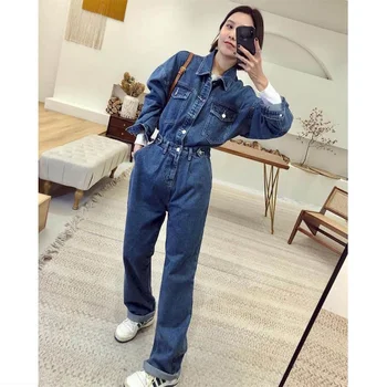 Women's Oversized Denim Jumpsuits Solid Long Sleeve Loose Workwear Playsuits Vintage Casual One Piece Outfits Female Overalls