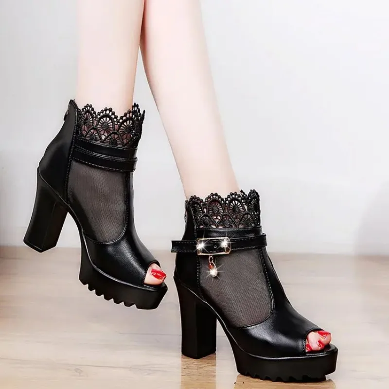 2023 Summer New Fish Mouth Waterproof Table Heel Zipper Breathable 100 with Thick Heels and High Heels 100 with Ladies