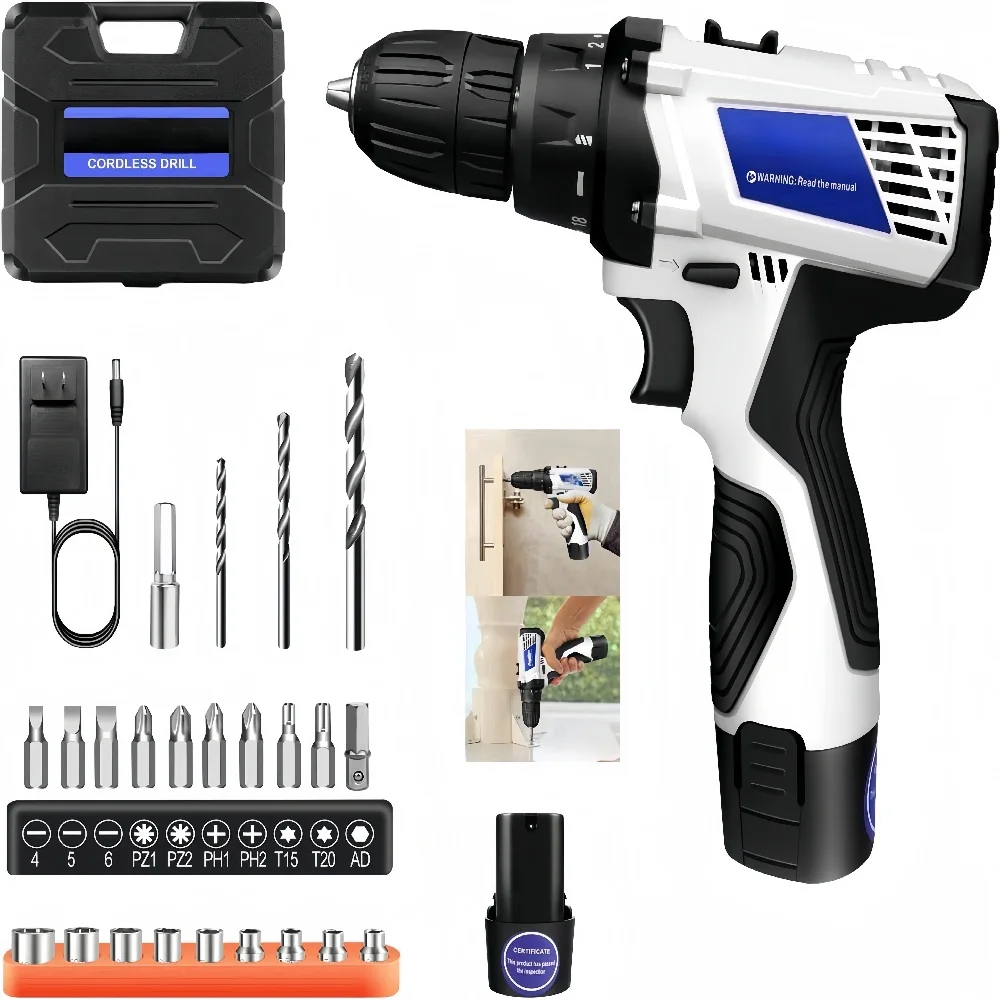 Cordless Drill Driver Kit,2 in 1 Mini 12V Electric Screwdriver Tools+LED Work Light,High Torque 45N.m,3/8Inch Keyless Chuck,18+1