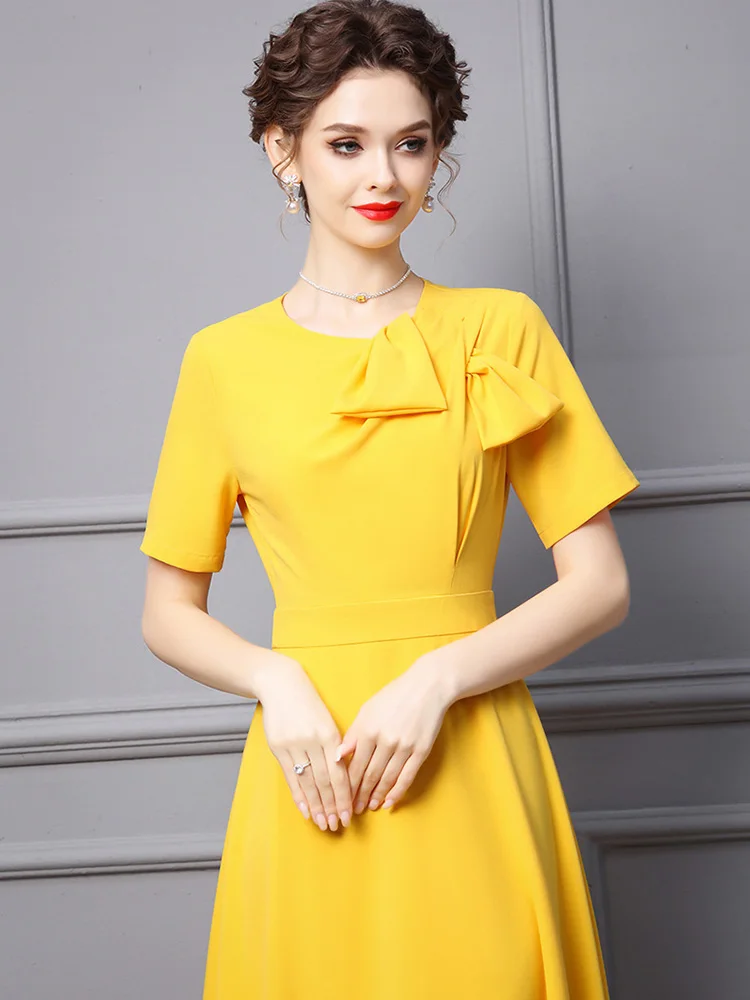 ZJYT Elegant Ladies Midi Simple Yellow Party Dresses for Women Summer 2023 Designer Bowknot Short Sleeve Office Vestidos Aline