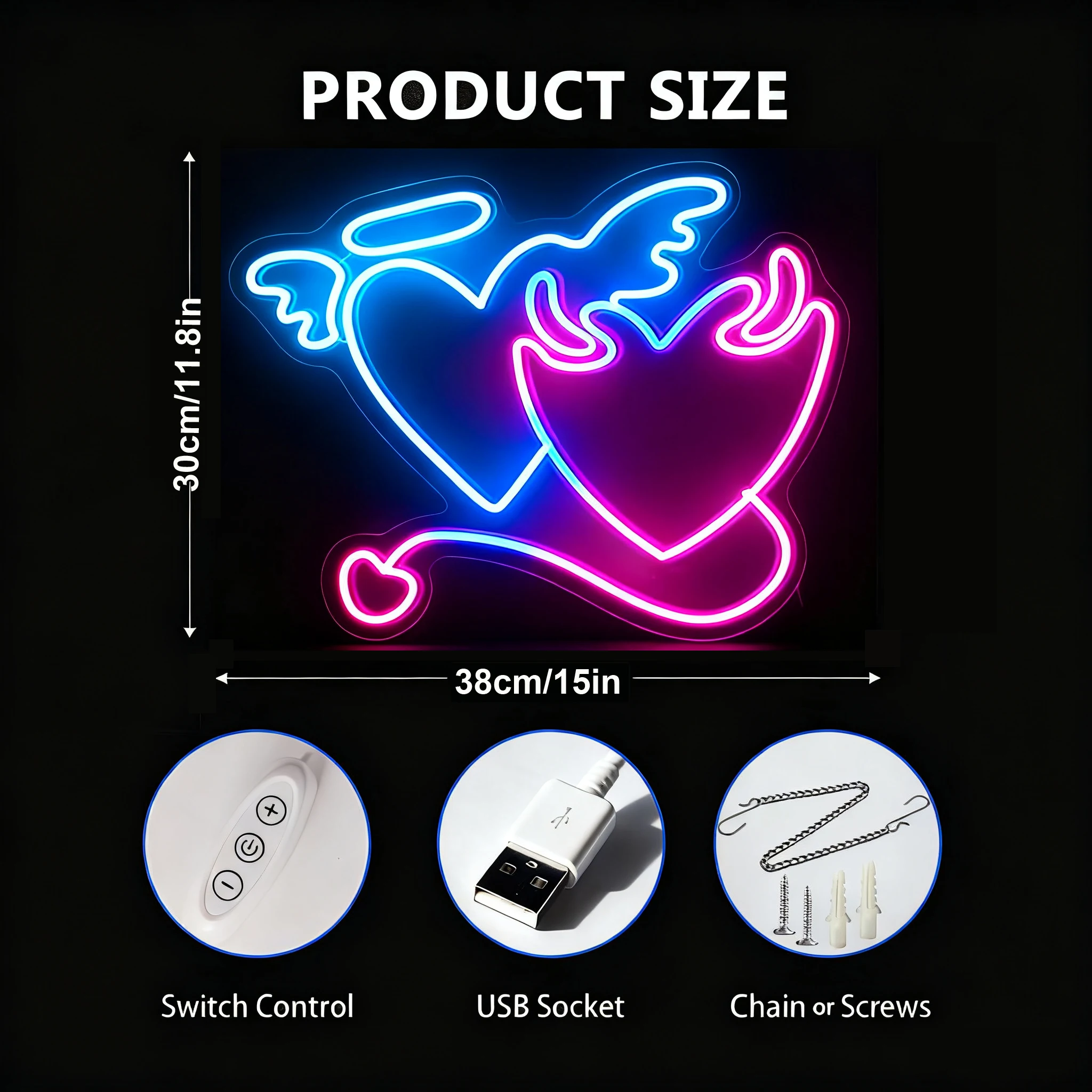 Gothic Angel Demon Dual Sided Neon Sign, Dark LED Wall Light for Gaming Room Rock Bar Man Cave, USB Powered Halloween Room Decor