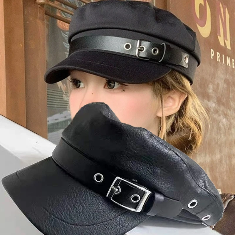 Retro Black Leather Beret Hat Women Fashion Flat Top Painter Cap Small Face Hip Pop Adjustable Casual Versatile Streetwear Beret