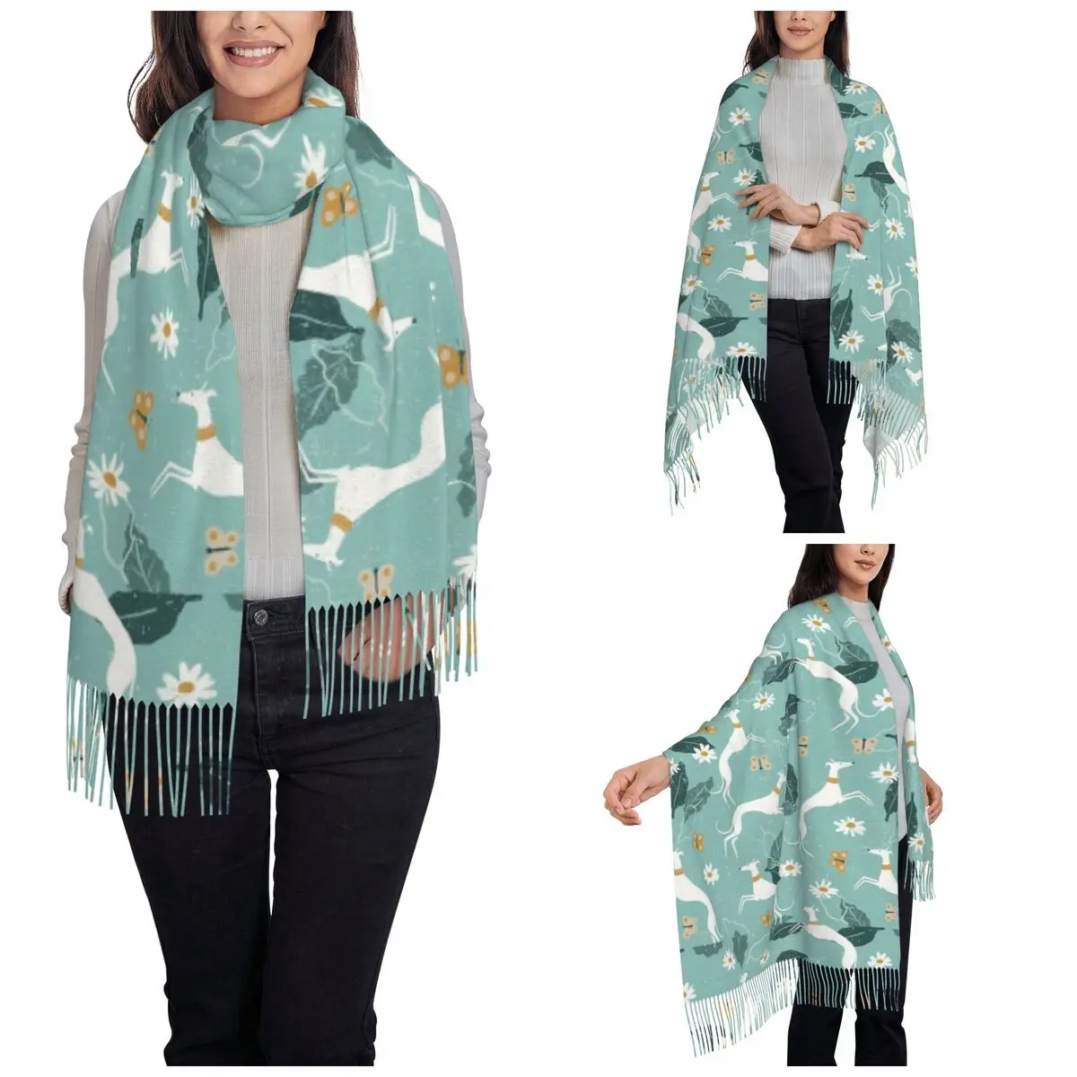 Womens Scarf with Tassel Greyhound And Butterfly Long Soft Warm Shawl Wrap Dog Lover Reversible Pashmina Scarves