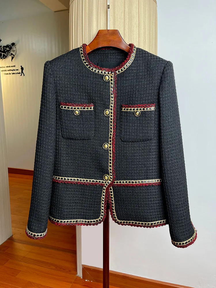 2022 Autumn Winer France Style Elegant Women High Quality Designer Black Tweed Coat F092