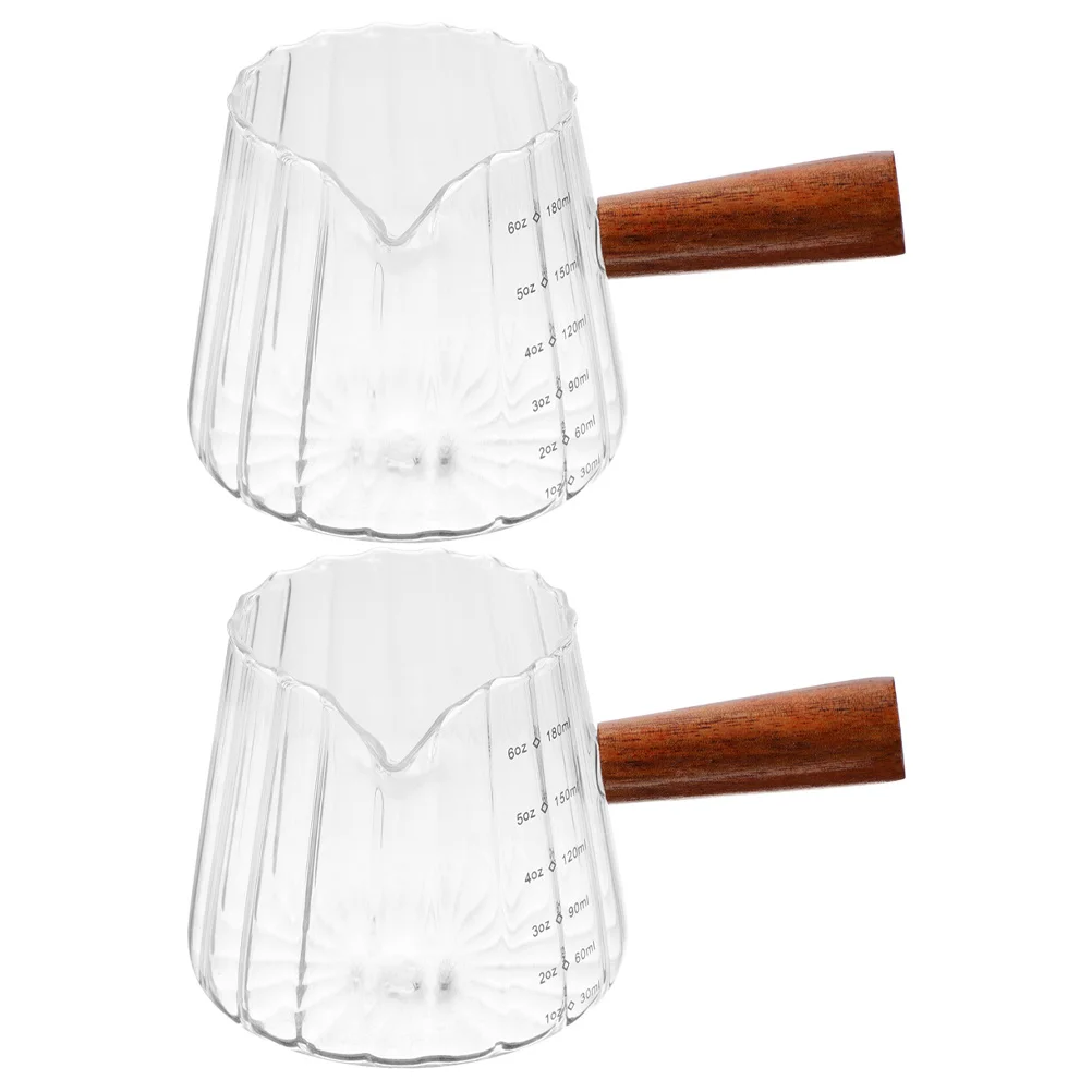 

2Pcs Milk Cups Wooden Handle Clear Glass Espresso Measuring Mini Pitcher Milk Jug Coffee Creamer Household Kitchen Accessory