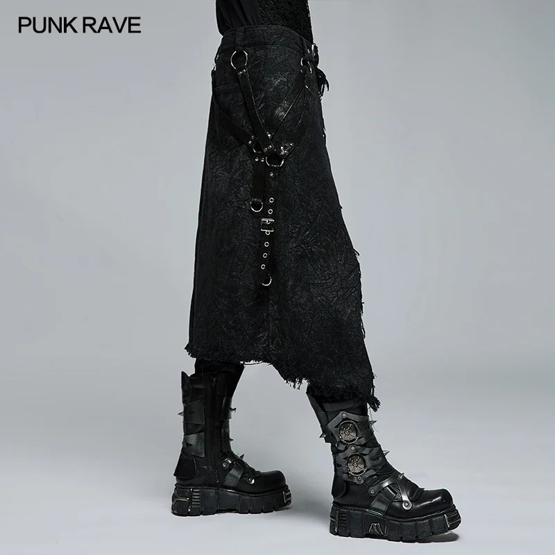 PUNK RAVE heren gothic donker getextureerde bedrukte stijlvolle kilt versierd die afneembare lederen lus party club heren rokken broek