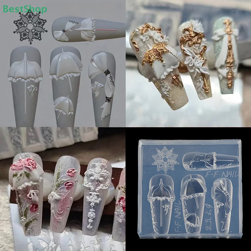 💕 3D Relief Spitze Regenschirm Silikon Nail Art Form DIY Nagel Dekor Transparente Maniküre Vorlage