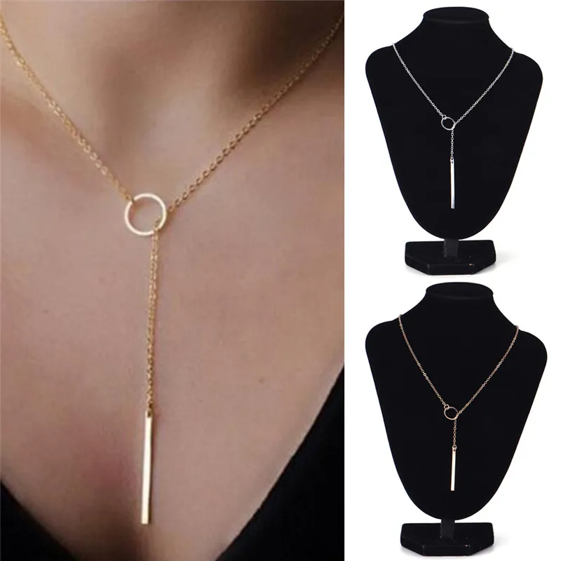 Women Personality Simple Stunning Golden Bar Circle Lariat Necklace Jewelry