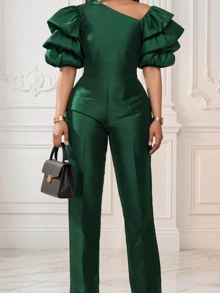 Autumn Winter Women One Shoulder Puff Sleeve Jumpsuit High Waist Straight Leg Jumpsuit For Party Banquet Formal Event Attire