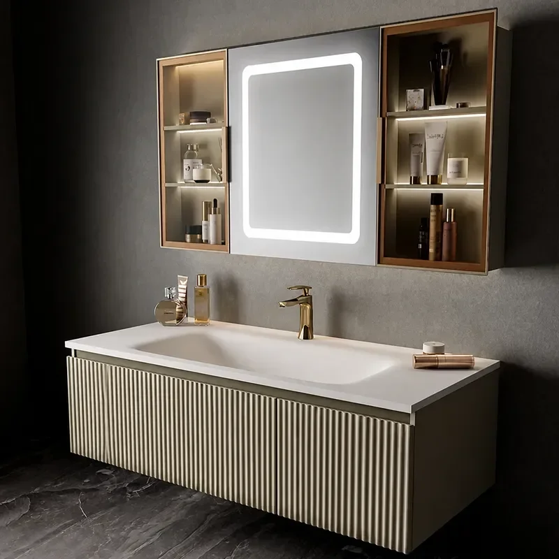 Modern Simple Solid Wood Bathroom Cabinet with Rock Slab Integrated Basin Smart Ceramic Washbasin Customizable Design