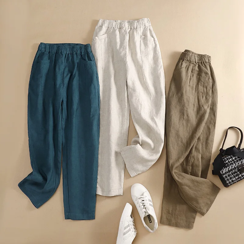 

Summer Good Quality Linen Trousers Women Clothing Loose Casual Solid Color Elastic High Waist Daily Simple Female Harem Pants