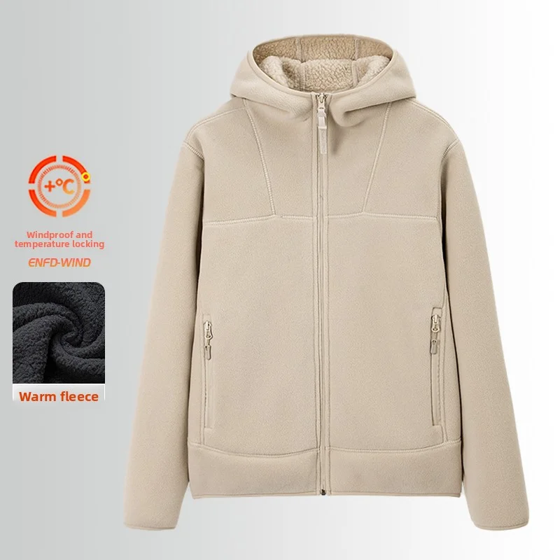 2026 Autumn/Winter New Men's Hooded Hoodie Jacket with Heat Storage, Thickened Warmth, Unisex Outdoor Sports and Leisure Cotton