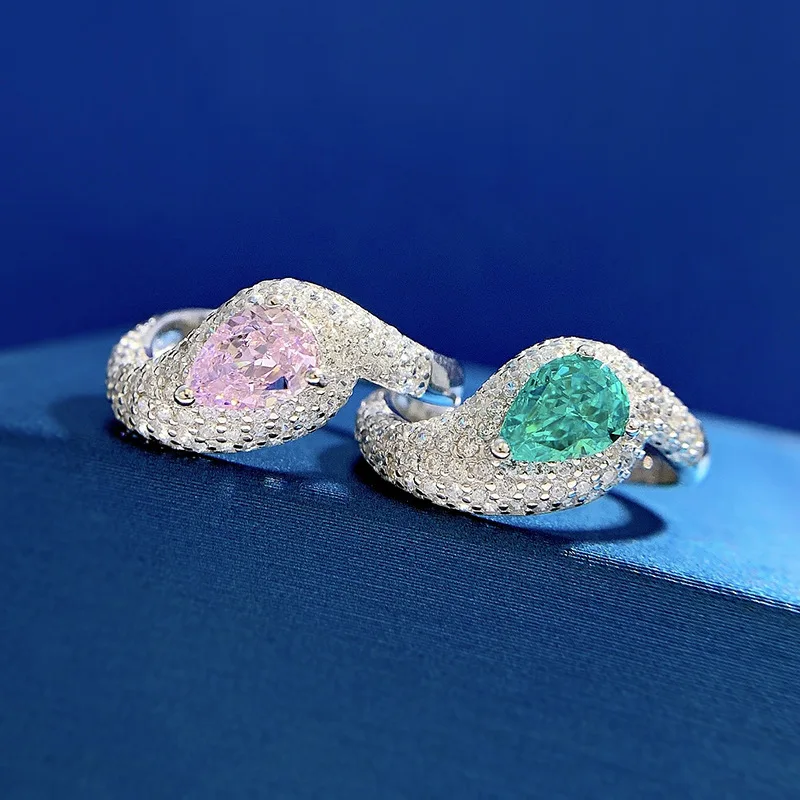 New 925 Silver Droplet 5 * 7 Palaiba Pink Diamond Ice Flower Cut with Full Diamond European and American Ins Ring