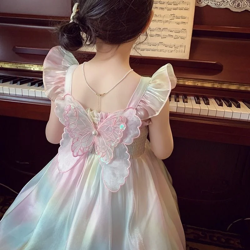 Girls Princess Dress Summer New Gradient Rainbow Butterfly Decoration Dresses Kids sling Party Prom Gown 1-8 Years