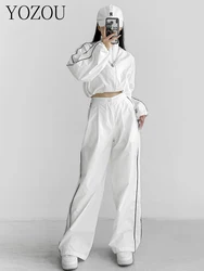 [YOZOU] White Black Sports Tracksuits Set Women Windbreak Fast Dry Cropped Zip Up Jackets Coat Top Wide Leg Baggy Pants Trousers