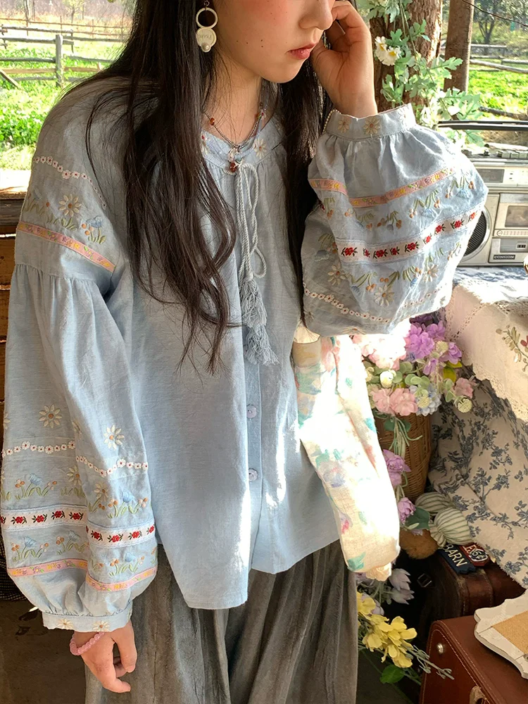 Spring Autumn Women Loose Exquisite Floral Embroidered Cotton Linen Shirts/blouses