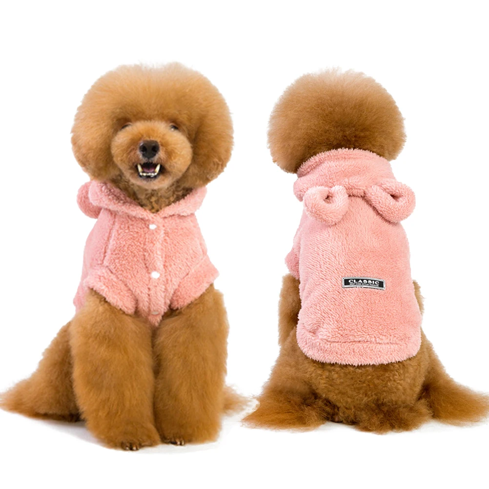 

Pet Dog Autumn Winter New Dog Clothes Bear Ears Pet Clothes Solid Color Hooded Thickened Dog Fleece（Pink,S)