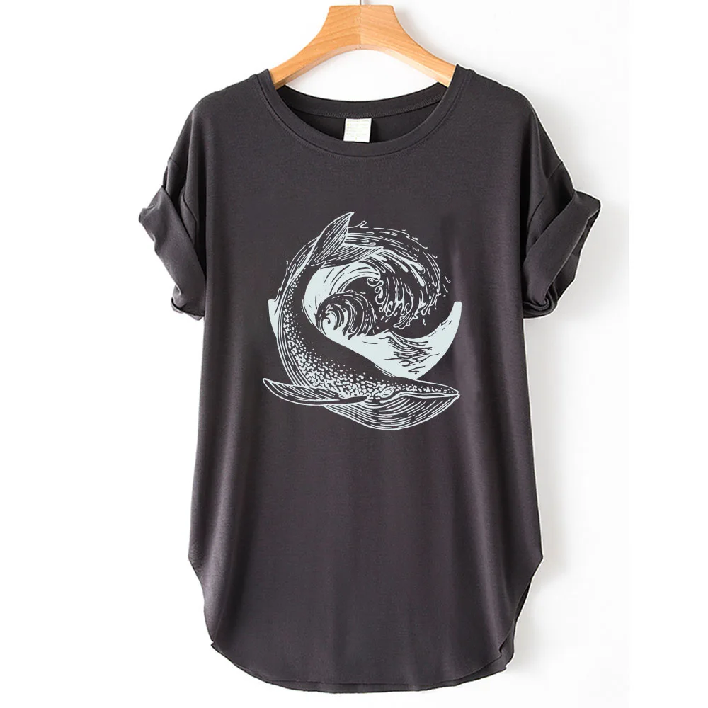 Seeyoushy Whale Wave Print 2023 Summer O-neck Short Sleeve Women's T-shirt Side Slit Y2K Aesthetic Women's Top Harajuku Clothing