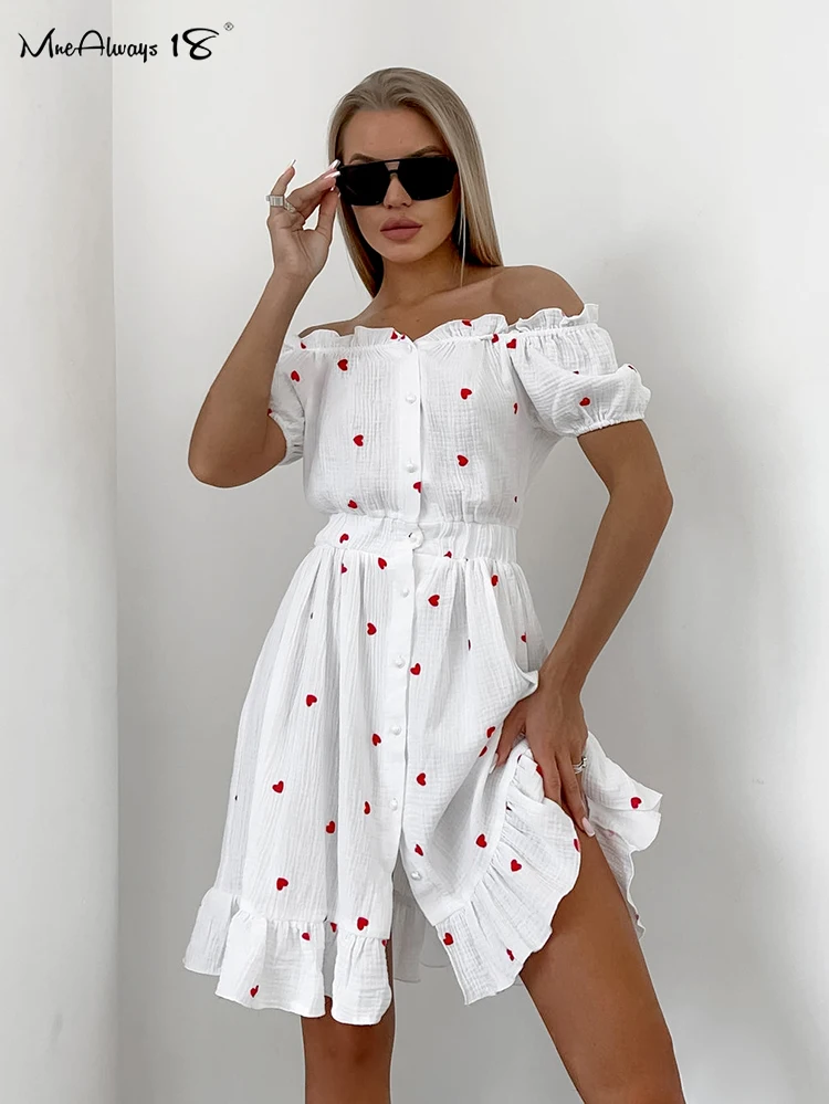 Mnealways18 Printing Heart Button Shirts Women Slash Neck Ruched Button Ruffled Dress Summer 2024 Office Lady Print A-Line Dress