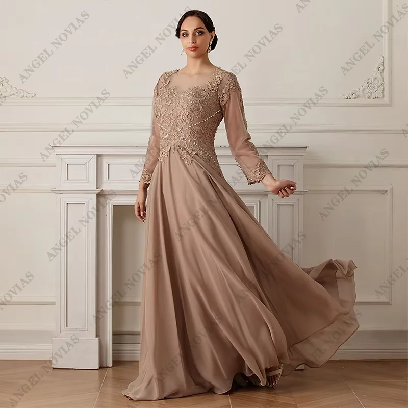 Robe mère de la mariée en mousseline de soie champagne, manches longues, robe de soirée de mariage, 85348