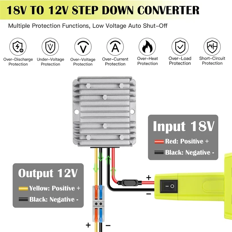 Convertidor Buck de 18V a 12V con interruptor, Terminal de cable de fusible de 30A para adaptador de batería Ryobi de 18V P103 P104 P105 P107 P108