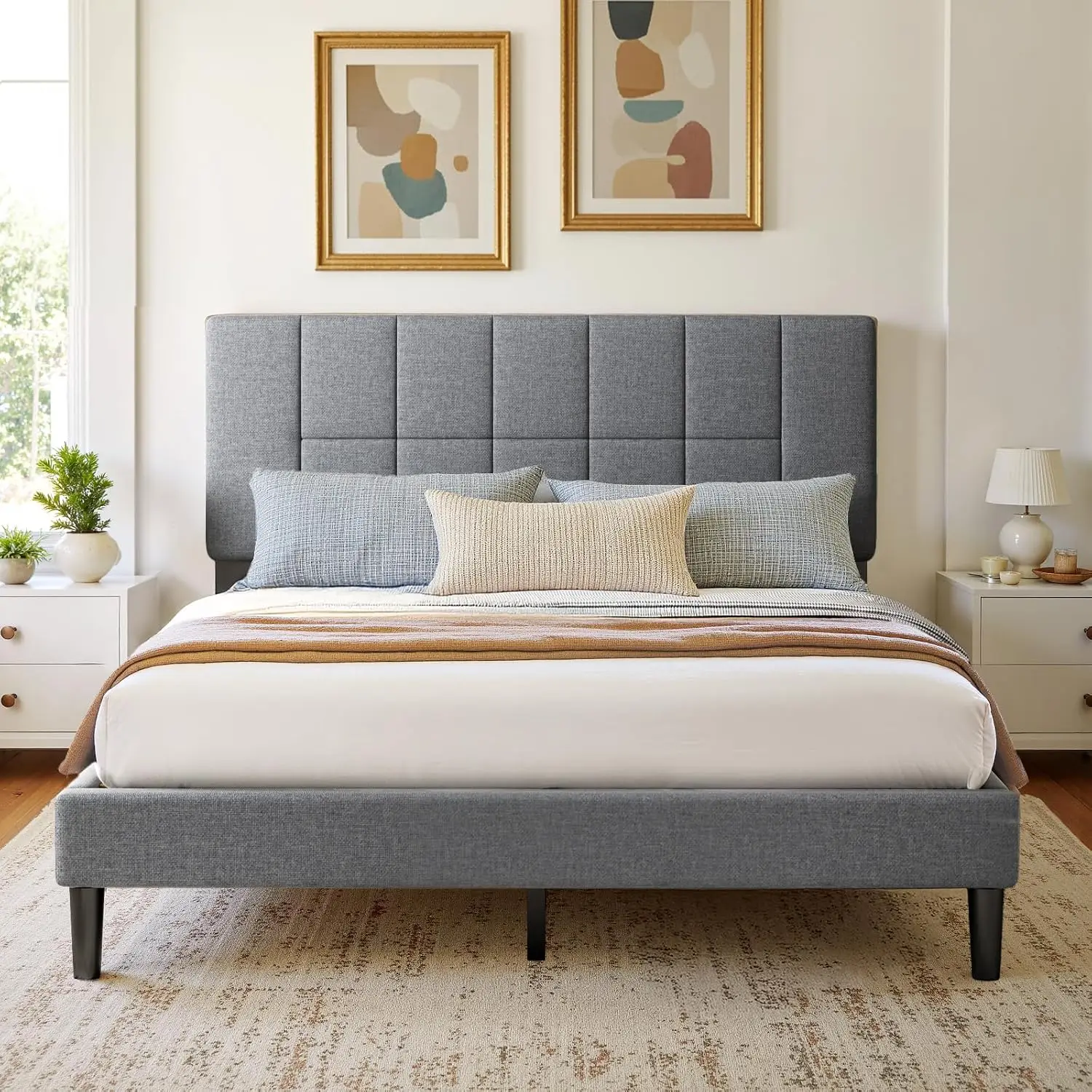 Queen Size Bed Frame - Upholstered, Adjustable Headboard,6