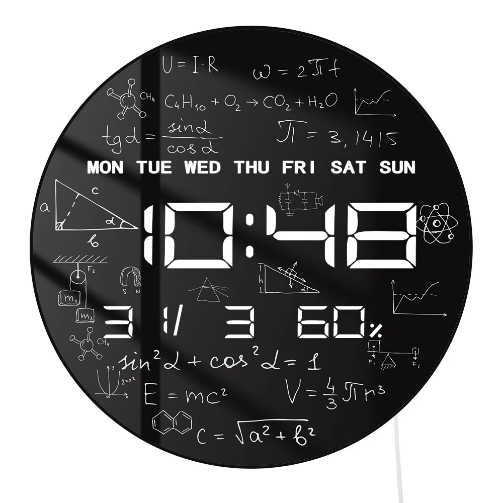 Board with Math Formulas Physics Chemistry LED Digital Wall Clock Timer with Calendar Date Temperature 12/24hr Electronic Clock