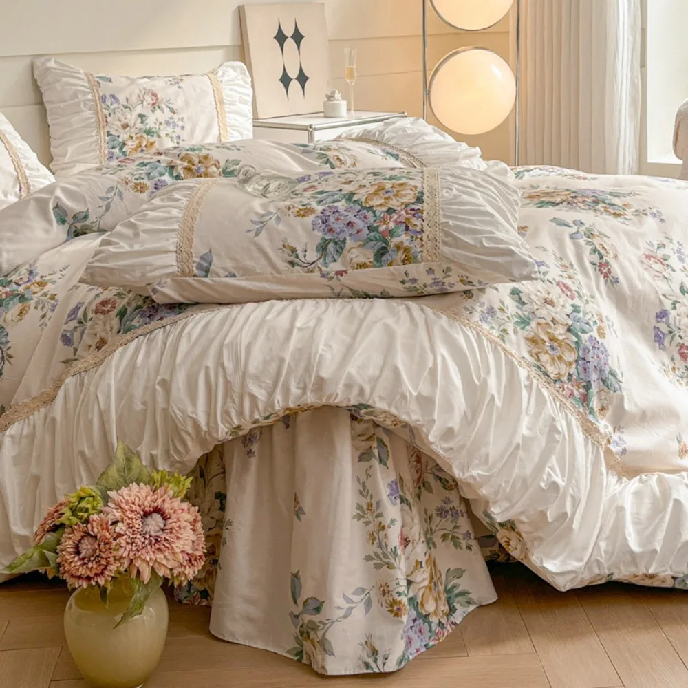 French Cream Wind Pure Cotton Four-piece Set Pleated Lace Quilt Cover Bed Skirt Pillowcases Retro Bedding Long-staple Cotton Kit