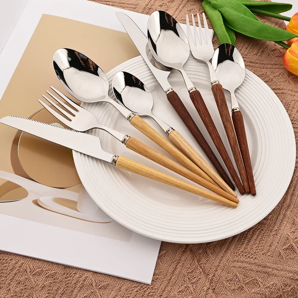 

4Pcs Wooden Handle Dinnerware Set Stainless Steel Knife Fork Spoon Tableware Cutlery Flatware Set Festival Kitchen Gift