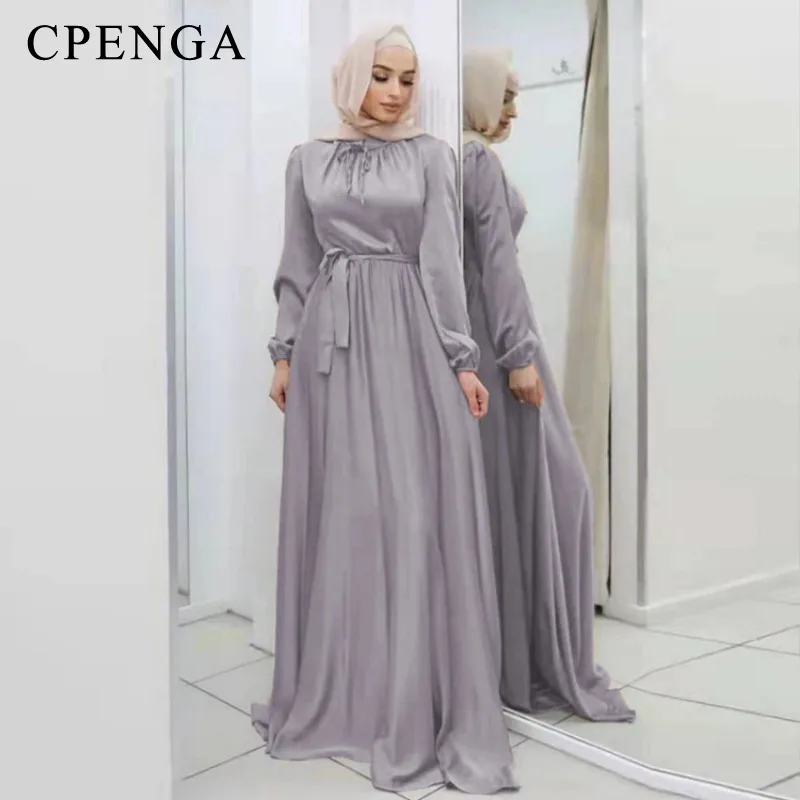 Hijab Satin Dress Ramadan Muslim Fashion Belted Abaya Dubai Turkey Arabic African Maxi Dresses for Women Islam Clothing Robes