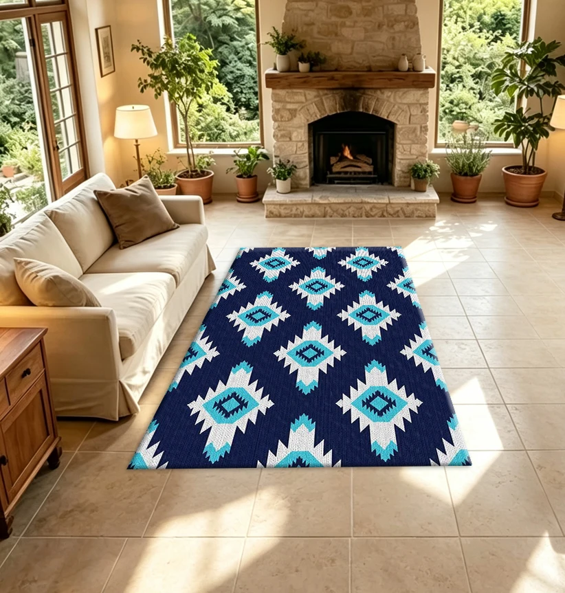 Navy Blue Aztec Geometric Pattern Carpet Floor Bohemian Tribal Home Rug