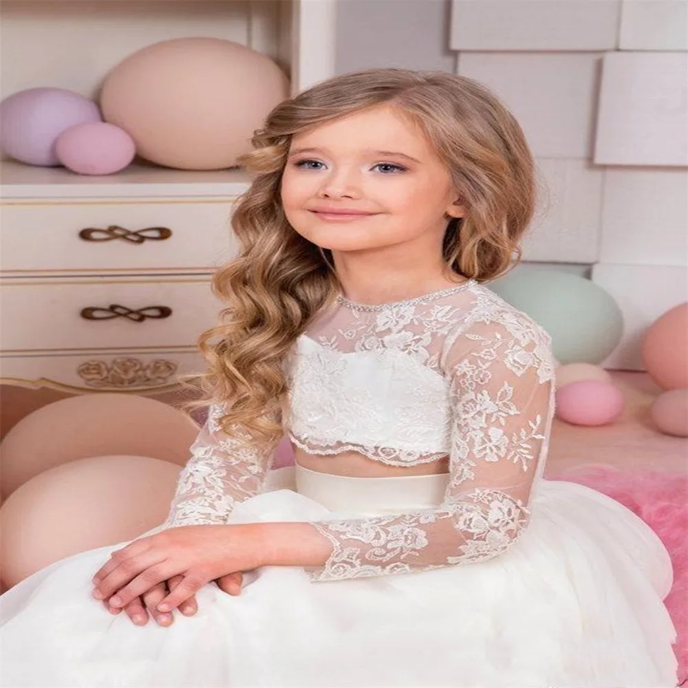 Lace Long Sleeves Tulle Flower Girls Dresses For Wedding Ball Gown Cheap First Communion Kids Formal Birthday Wear Events Dress